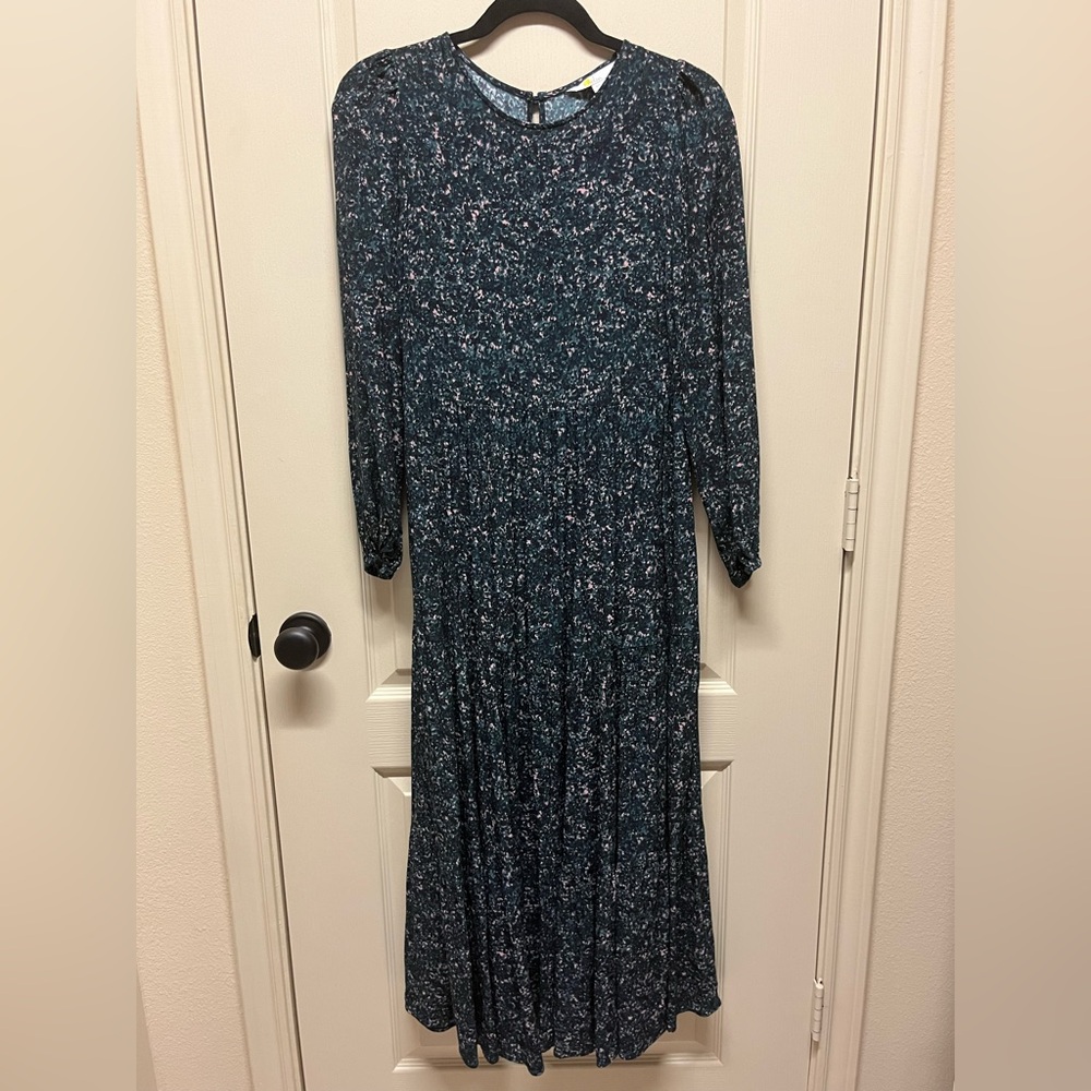 Boden Maxi Tiered Dress Long Sleeves UK 10P US 6P Unlined In Navy Multi Colors